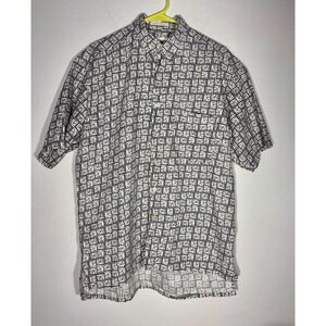 Perry Ellis M Linen Cotton Shirt Abstract Golf Print Short Sleeve Button Front